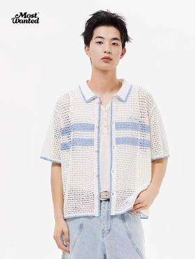 mostwantedlab彩虹/M2412171/夏威夷镂空拼色薄款短袖衬衫夏新款针织开衫男