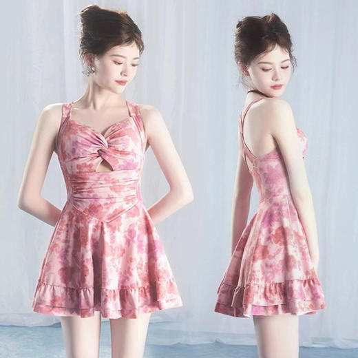 【时尚印花裙泳衣女】连体吊带式 保守显瘦修身露背少女泳衣 泡温泉度假泳装 商品图1