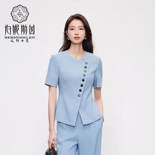 HJ2A36_窃蓝色_外套_夏季_简约大方圆领斜襟撞色扣短袖收腰显瘦通勤西装_高级女装_BERNIEELEN 伯妮斯茵 商品图0