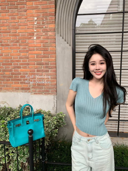 Read Nameless /湖蓝色莱赛尔短袖＋薄软浅蓝牛仔阔腿裤 商品图9