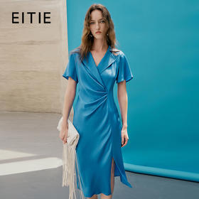 EITIE爱特爱夏季新款气质优雅翻领显瘦裙摆开叉连衣裙7407161