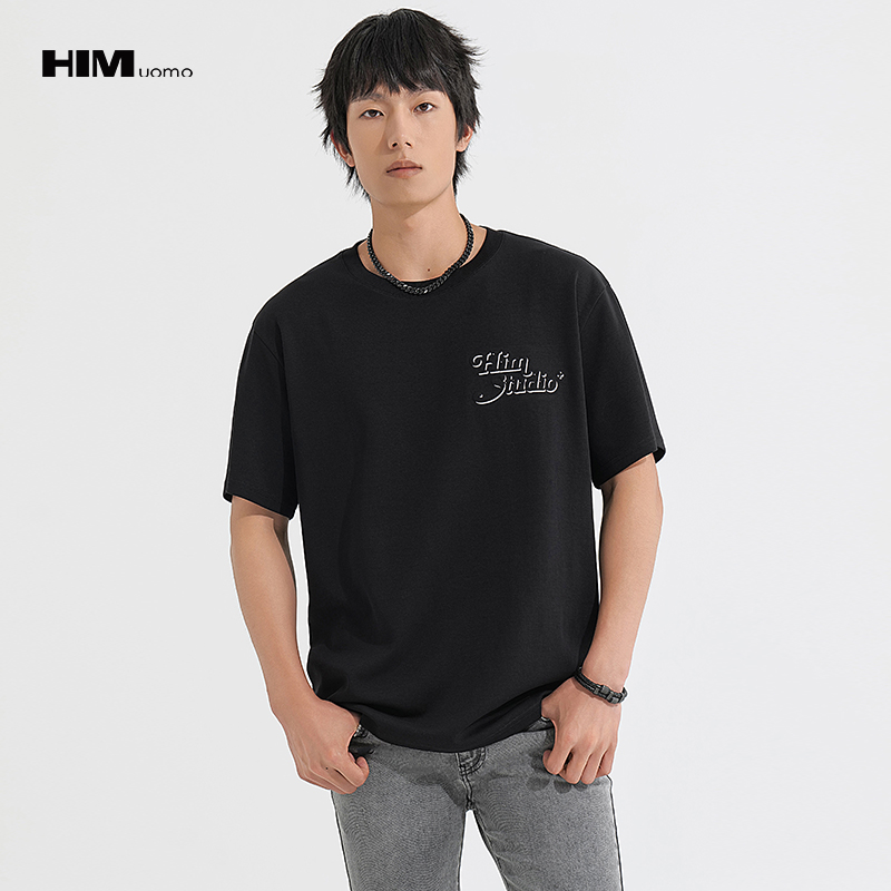 HIM漢崇  男士舒适透气圆领T恤简约立体字母压花短袖上衣 2026春季