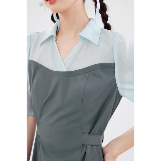 【严选】诗凡黎气质假两件翻领连衣裙2024夏新款通勤风中长收腰显瘦衬衫裙SF6391501 商品图3