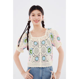 【严选】诗凡黎方领度假风手工编织针织开衫2024夏新款套头镂空上衣女SF6330921