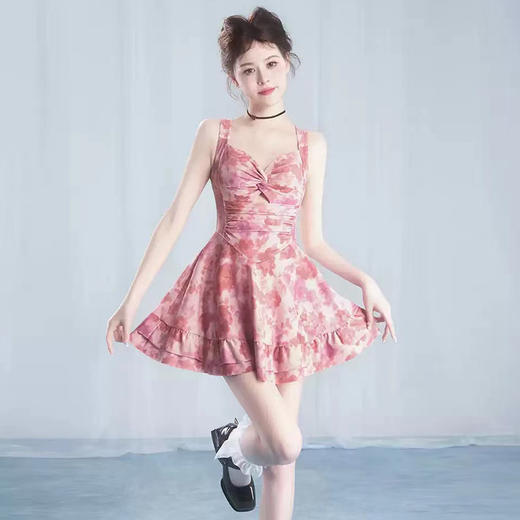 【时尚印花裙泳衣女】连体吊带式 保守显瘦修身露背少女泳衣 泡温泉度假泳装 商品图3