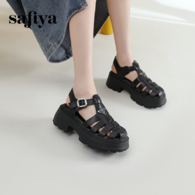 Safiya/索菲娅 2023夏季新潮三角标镂空编织锯齿厚底罗马凉鞋 SF32115010