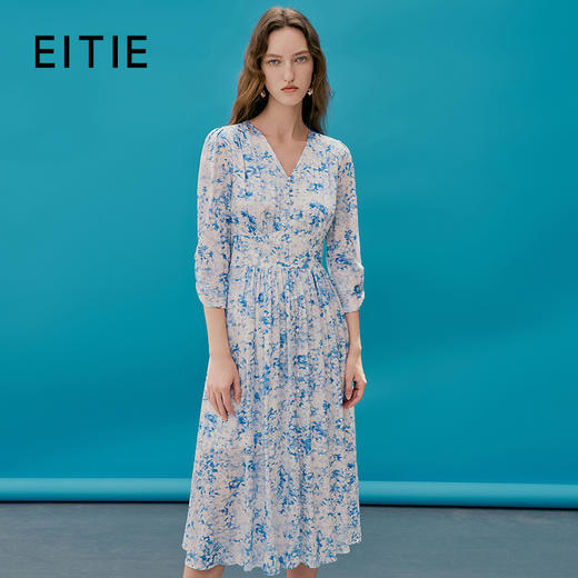 EITIE爱特爱夏款新品V领显瘦高腰印花连衣裙7407157 商品图0