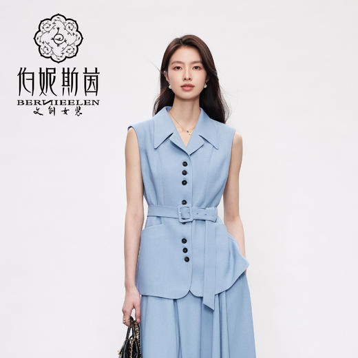 HJ2H01_窃蓝色_背心_夏季_西装领无袖收腰系带显瘦不对称下摆通勤气质马甲上衣_高级女装_BERNIEELEN 伯妮斯茵 商品图0