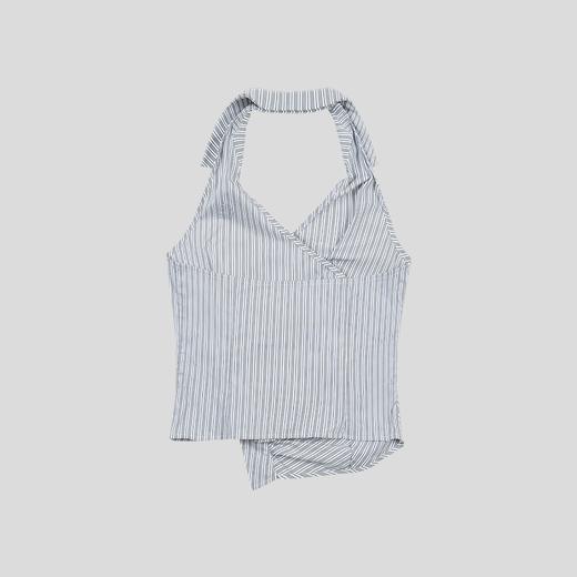 GOODBAI 白鸽绣标条纹挂脖翻领露背衬衫背心 商品图4