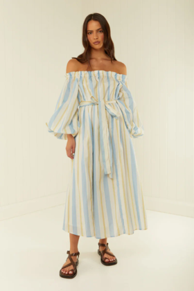 PALM NOOSA - Sicily Dress - Blue Yellow Stripe - 女装 - 连身裙 - 蓝黄