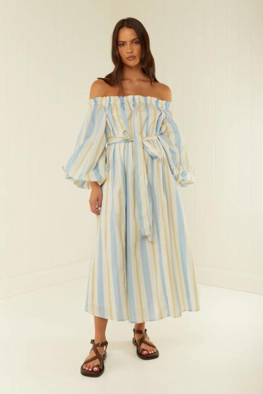 PALM NOOSA - Sicily Dress - Blue Yellow Stripe - 女装 - 连身裙 - 蓝黄 商品图0
