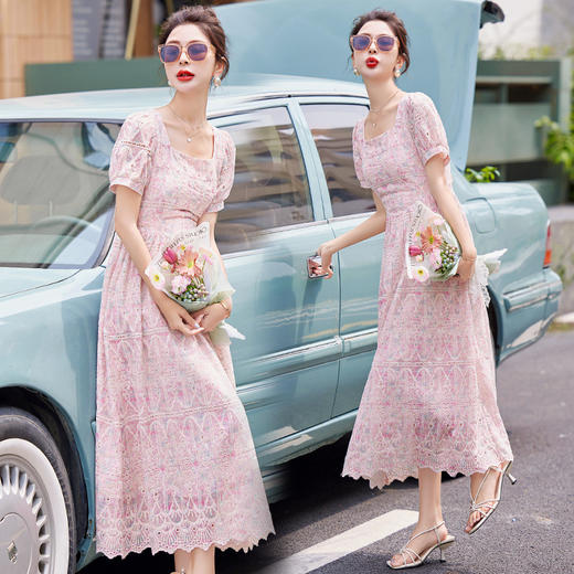 气质高级感法式粉色，镂空刺绣名千金风连衣裙HR-HMG2858 商品图2