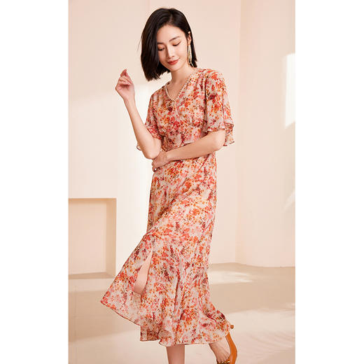 乔万尼真丝桑蚕丝连衣裙法式V领气质收腰荷叶边设计感ET2E318 商品图1