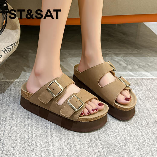 星期六复古金属扣厚底增高勃肯拖SSC21101DK 商品图5