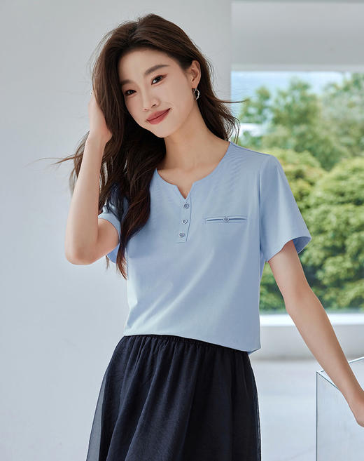 【专属特价】熙世界长绒棉粉色上衣夏天2025新款简约纯色百搭休闲短袖T恤衫 商品图1