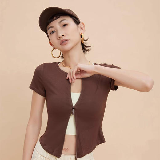 【3~5天发货】跃牌【美度空间】系列 莫代尔裸感修身运动t恤女圆领拉链瑜伽服休闲小蛮腰健身短袖夏季ADTX41020 商品图3