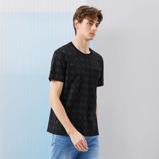 【5A抗菌2A防螨】柒牌短袖T恤男士夏季新款字母满印黑色圆领上衣	126T71470 商品图1