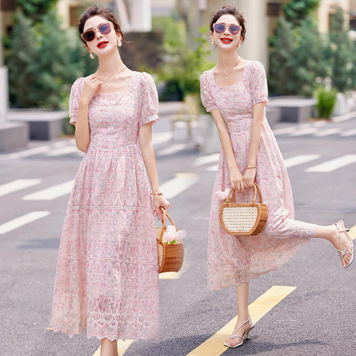 气质高级感法式粉色，镂空刺绣名千金风连衣裙HR-HMG2858 商品图3