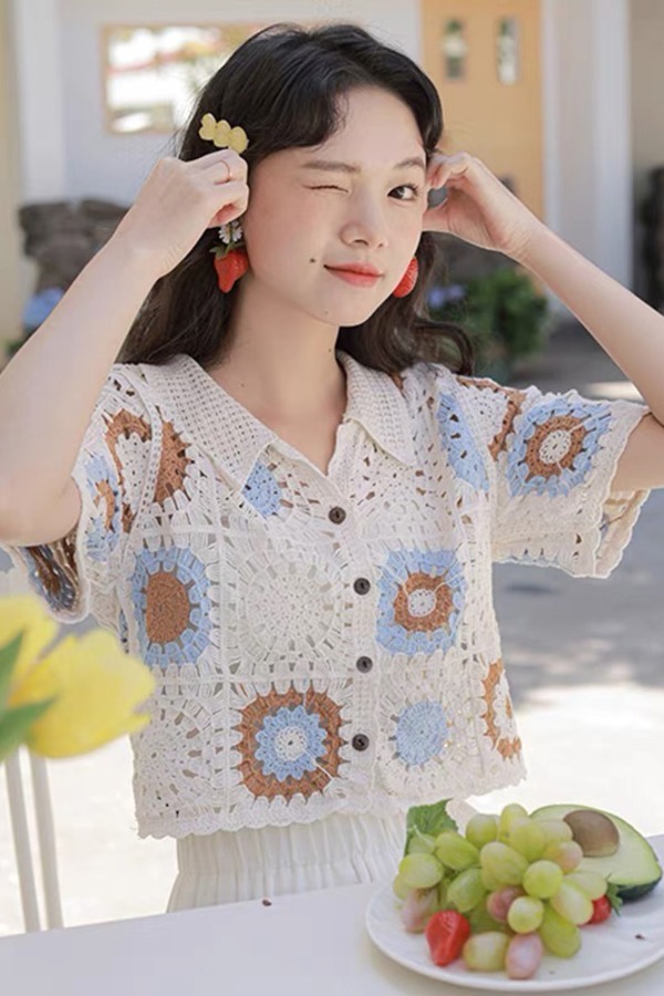 L.Fleuri 米色复古钩花镂空针织外套 16743