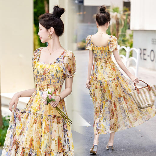 法式气质方领泡泡袖，显瘦碎花连衣裙HR-GJC2815 商品图3