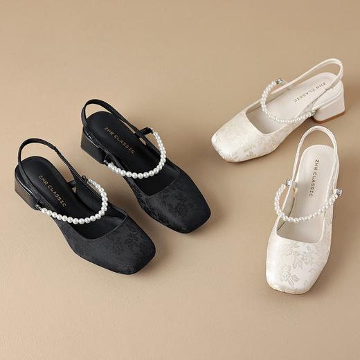 ZHR新中式国风凉鞋女2024春夏新款中粗跟浅口包头带珍珠配裙子 商品图2