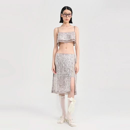 [捡漏价]lost in echo2024夏季新款亮片银色短款吊带开衩半身裙短裙套装女 商品图0