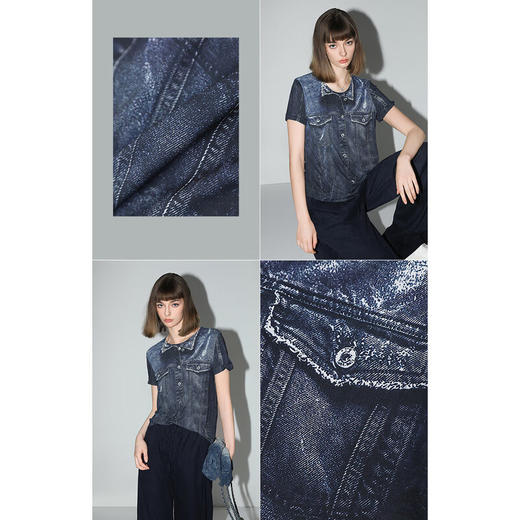 COCOBELLA设计师款手绘牛仔印花短袖针织T恤女休闲上衣TS919 商品图3