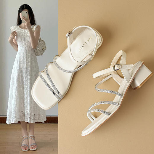 ZHR罗马凉鞋女2024夏季新款外穿水钻粗跟一字带时装女鞋配裙子 商品图0