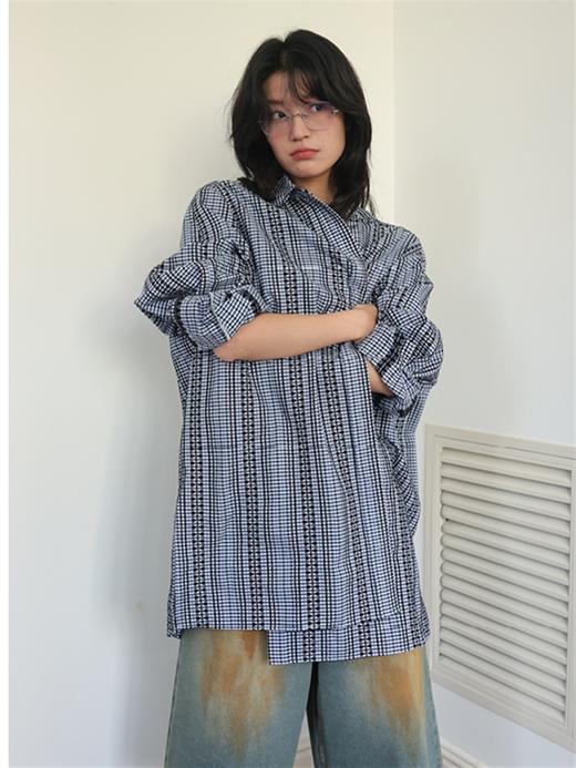 【399/2件自选福袋不退换】SUPERSCAPE刺绣格纹宽松衬衫裙 商品图0