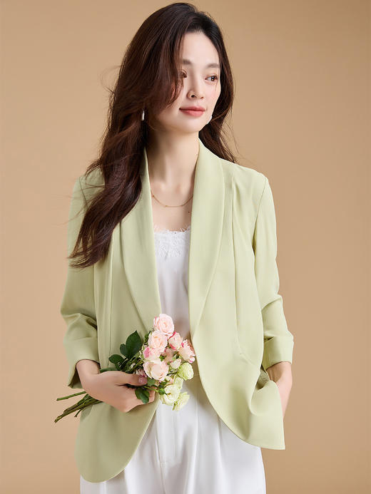 25严选春夏新款轻薄垂感透气七分袖青果领外套罩衫短款小西装女_HLY 商品图3