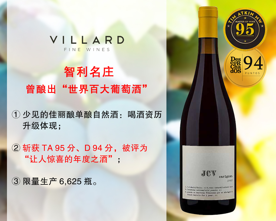 【现货促销，仅限12瓶】【TA95分+D94分】智利家族名庄：维拉酒庄佳丽酿自然酒（2021年）