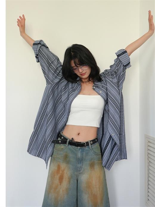 【399/2件自选福袋不退换】SUPERSCAPE刺绣格纹宽松衬衫裙 商品图1