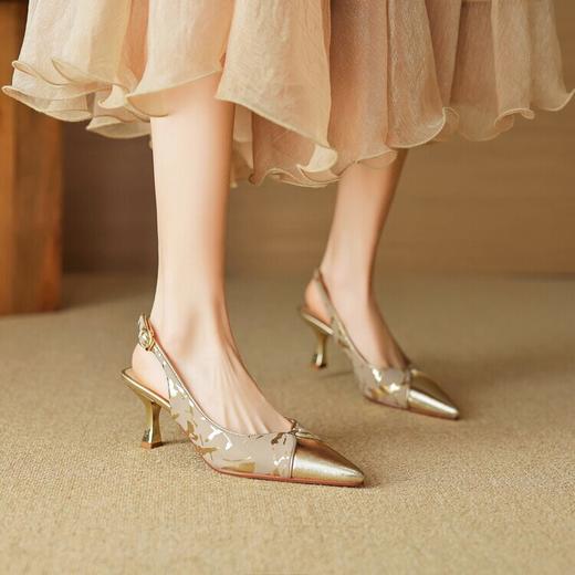 【预售5天】法式小香风拼色包头凉鞋女春夏款高跟鞋真皮尖头气质细跟后空单鞋168XY&168742 商品图2