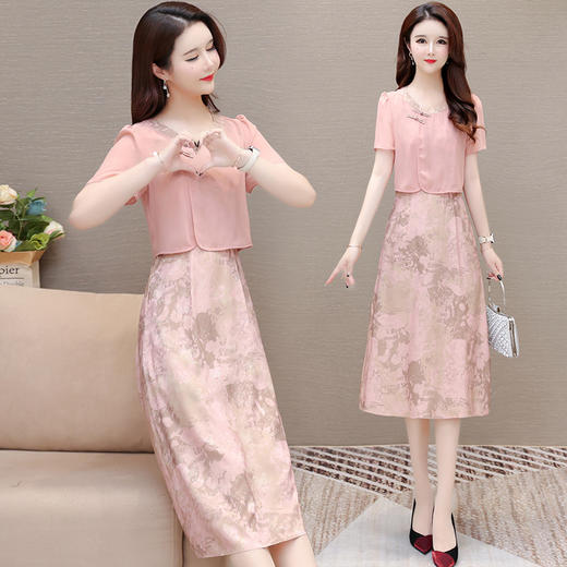 时尚国风印花短袖裙，气质假两件连衣裙QYM-LRX-ZY88351-Y 商品图1