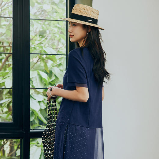 【林栖设计小店】棉混纺T恤绣花拼真丝飞片气质2024春夏新品短袖上衣女1942362 商品图3