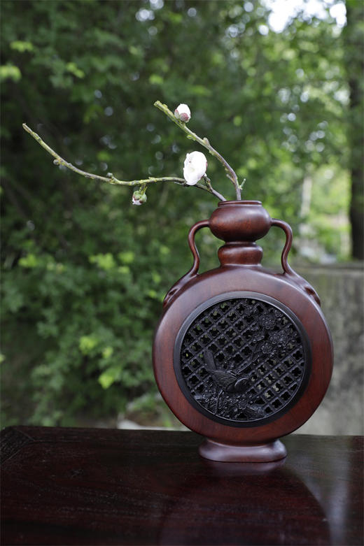 喜上梅梢°酸枝镶紫光檀大花瓶 商品图2