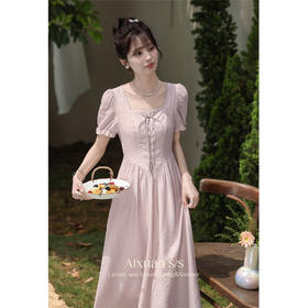 鹿向南「漫天飞花」法式方领A字连衣裙女2024夏季新款气质中长裙