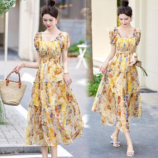 法式气质方领泡泡袖，显瘦碎花连衣裙HR-GJC2815 商品图0