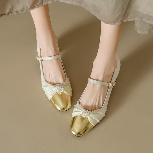 【预售5天】2024春夏新款单鞋女圆头一字扣带法式复古粗跟牛皮拼接女鞋MN&A625 商品图1