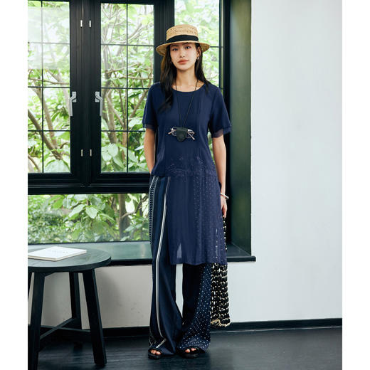 【林栖设计小店】棉混纺T恤绣花拼真丝飞片气质2024春夏新品短袖上衣女1942362 商品图0