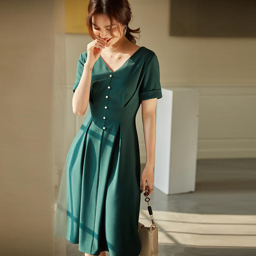 25严选春夏新款法式复古收腰显瘦大摆裙短袖中长款连衣裙_HLY 商品图2