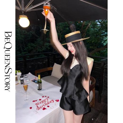 BeQueenStory【曲线回廊】高级感撞色拼接荷叶摆收腰上衣&短裤套装 商品图2