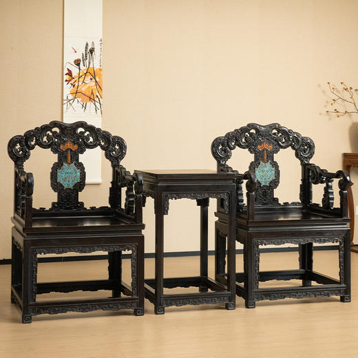 二十世纪 紫檀镶景泰蓝福庆纹扶手椅成套（两椅一几） 商品图4