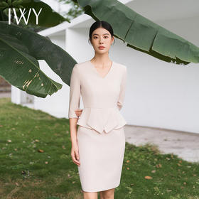 IWY/米杏色连衣裙七分袖西装正装裙商务美容院操作师工作服教师裙Q11366