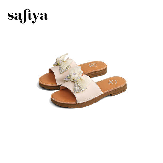 Safiya/索菲娅2024夏季真皮水钻蝴蝶结外穿休闲平底沙滩拖鞋 SF42110167 商品图5