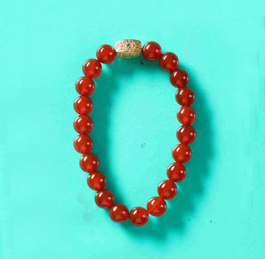 YHMN0004°红玛瑙+六字真言绿点桶珠手串 商品图0