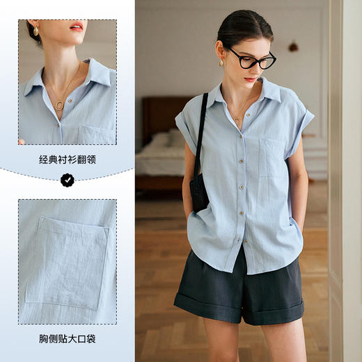 OLrain欧芮儿蓝色法式衬衫女夏季设计感小飞袖衬衣通勤短袖上衣 商品图3