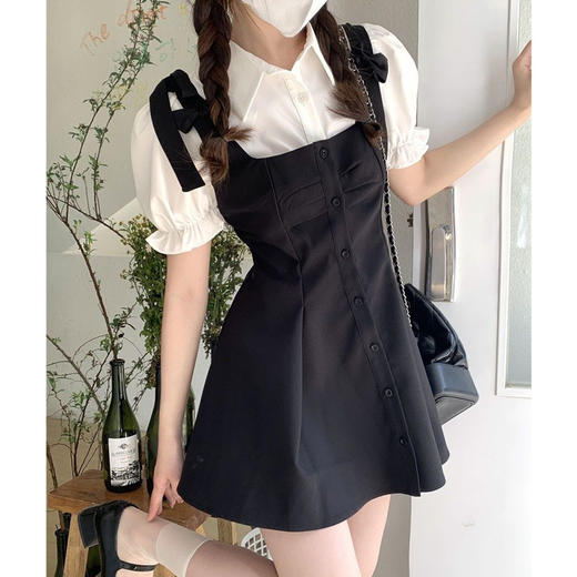 小个子茶系穿搭【衬衫背带连衣裙套装女】夏季学院风 初恋甜美两件套  商品图2
