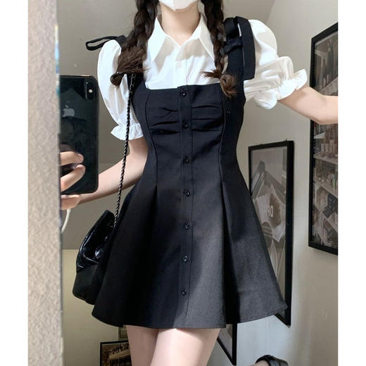 小个子茶系穿搭【衬衫背带连衣裙套装女】夏季学院风 初恋甜美两件套  商品图0