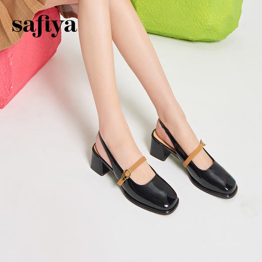 Safiya/索菲娅2024春 复古玛丽珍方头一字扣漆皮中跟后空凉鞋SF41111M09 商品图4